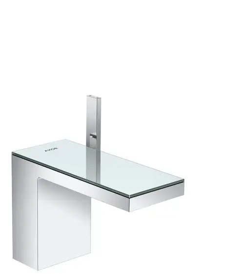 Waschtischmischer von AXOR mit einem verchromten Gehäuse und einer Glasoberfläche. Mit einem Push-Open Ablaufsystem für Waschbecken.